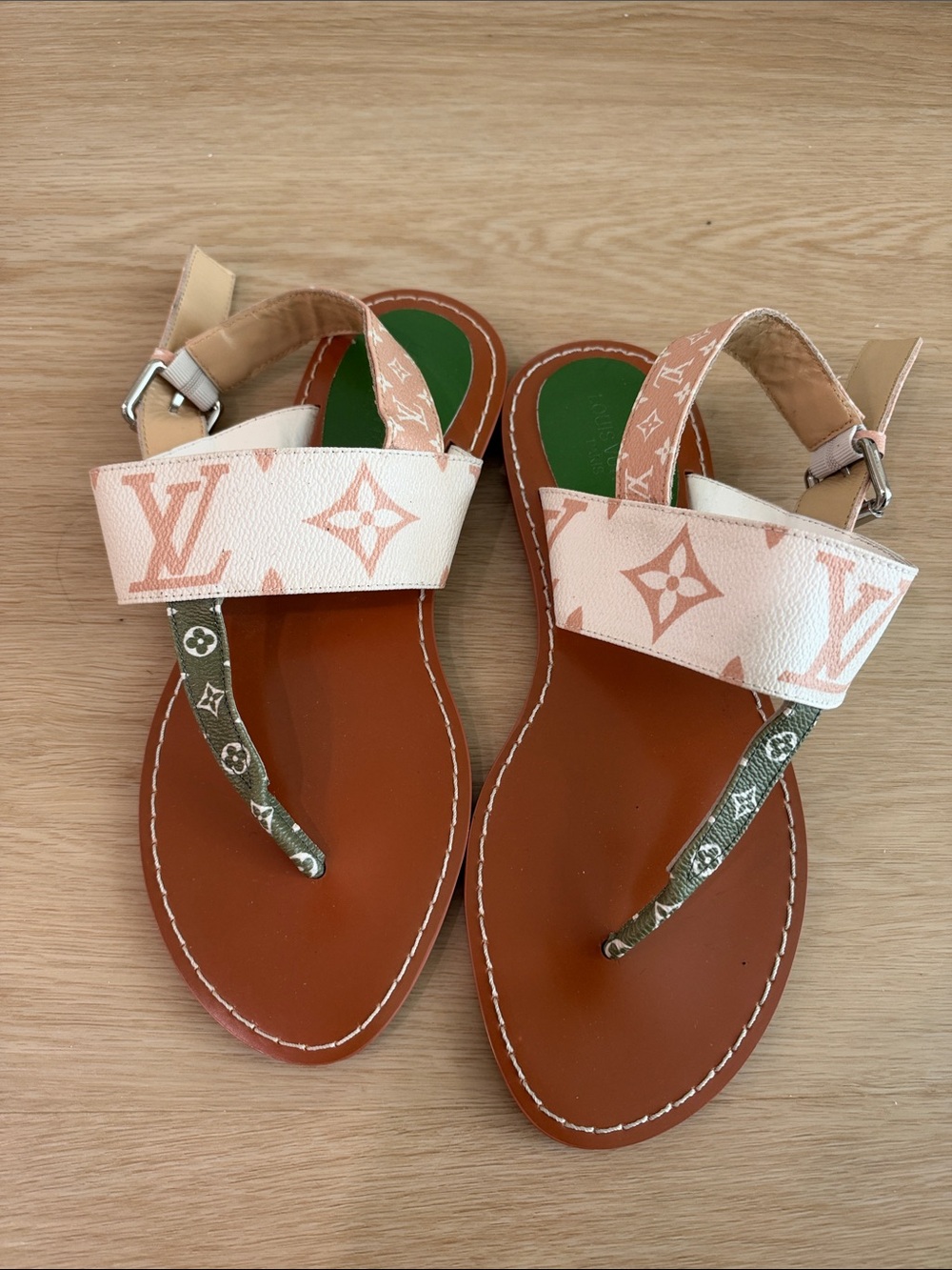 Louis Vuitton Kids Monogram Sandals in Pink, Brown & Green